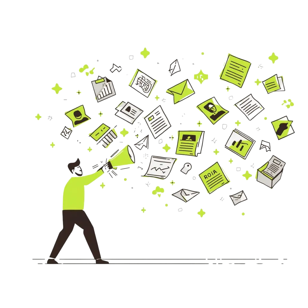 An illustration of a marketer with a megaphone, trying to organize a chaotic cloud of content, data, and ROI reports, representing content attribution mistakes.
