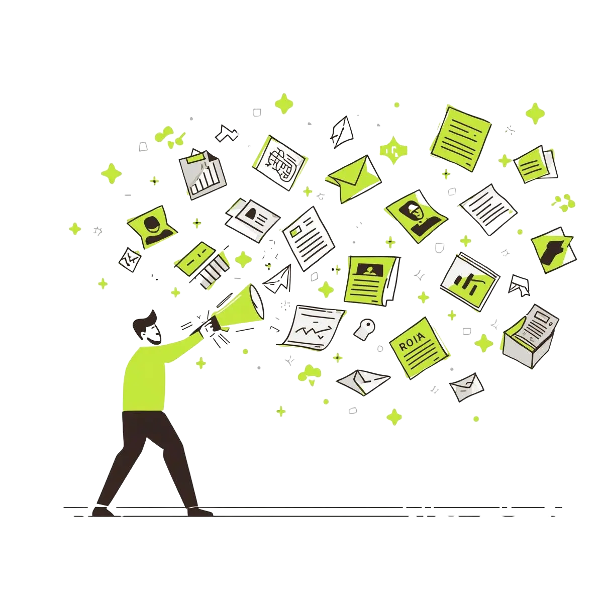 An illustration of a marketer with a megaphone, trying to organize a chaotic cloud of content, data, and ROI reports, representing content attribution mistakes.