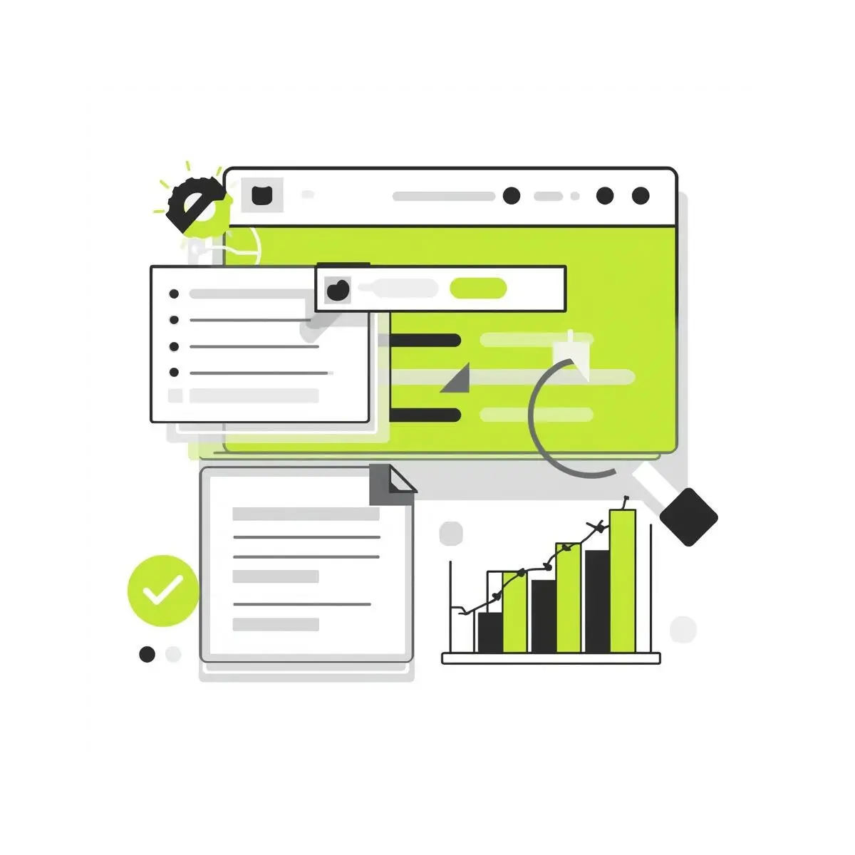 An illustration showing a search engine results page with various featured snippet examples being analyzed,