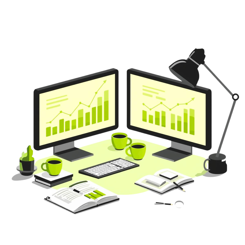 A workstation showing the results of producing content at scale, with charts trending upwards, symbolizing SEO growth for startups.