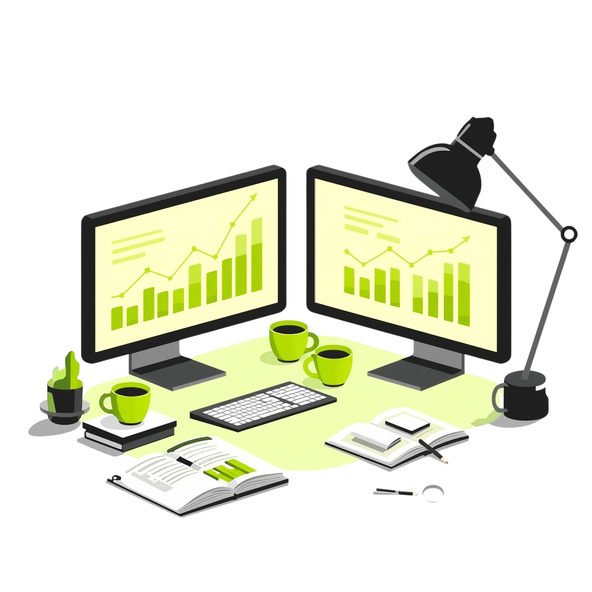 A workstation showing the results of producing content at scale, with charts trending upwards, symbolizing SEO growth for startups.