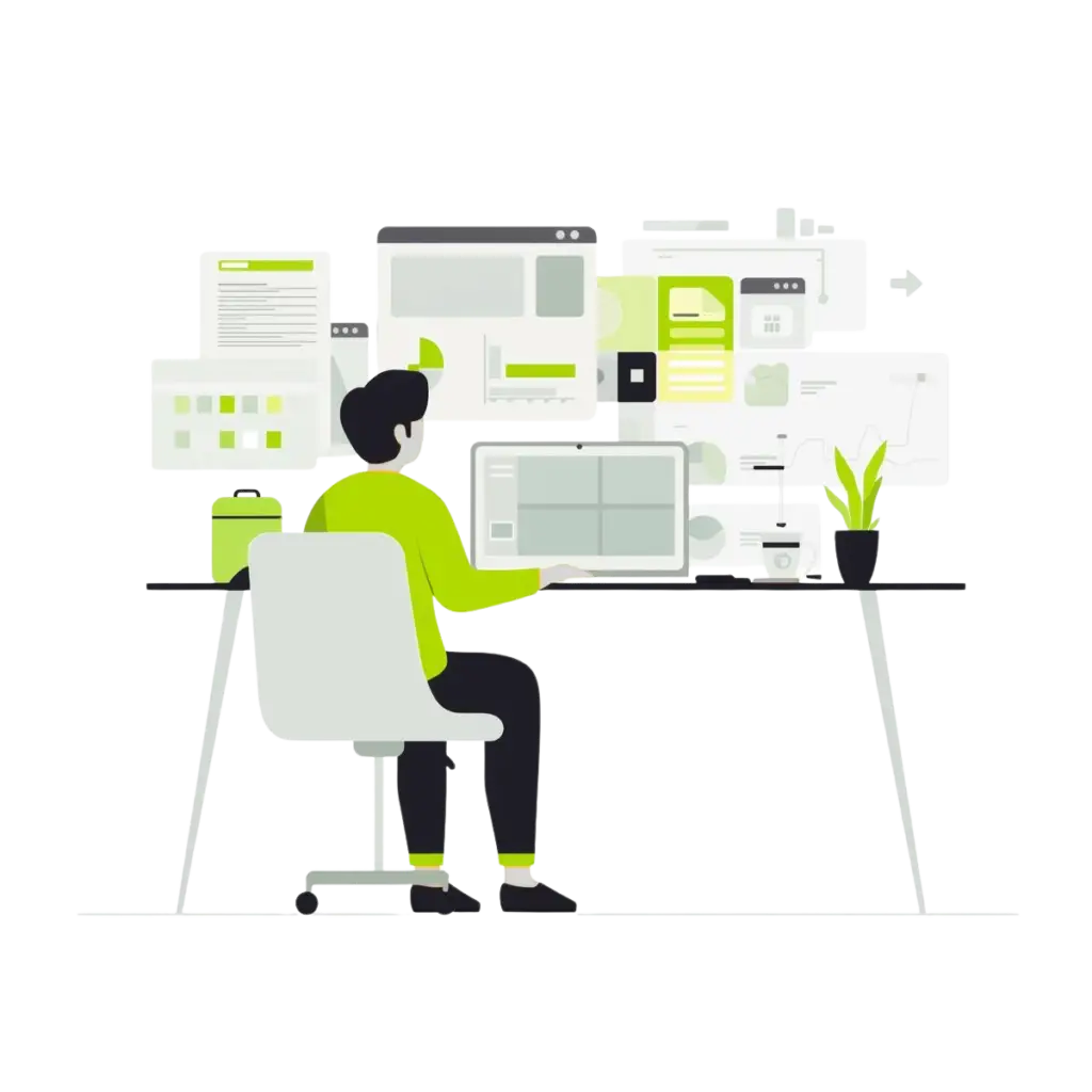 Illustration of a B2B SaaS marketer executing a 90-day action plan, managing multiple content and data dashboards to achieve content at scale.