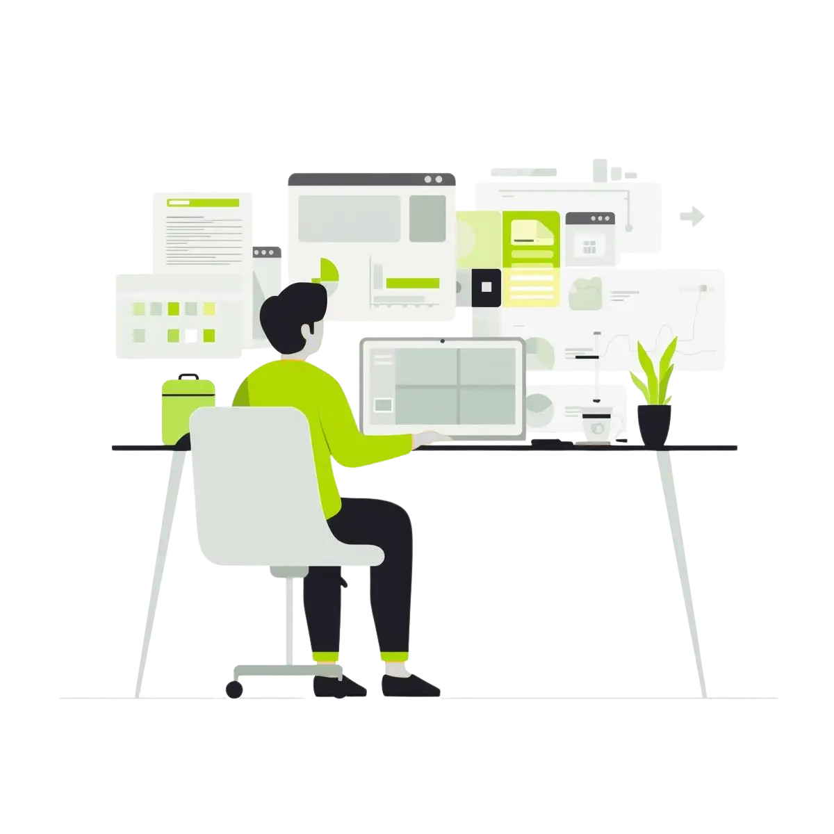 Illustration of a B2B SaaS marketer executing a 90-day action plan, managing multiple content and data dashboards to achieve content at scale.