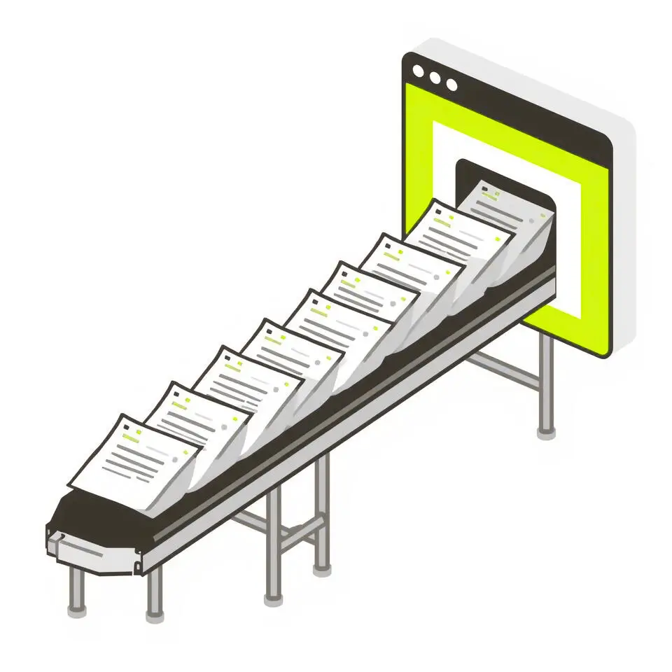 Illustration of content production conveyor belt with documents feeding into a computer screen representing bulk content automation.