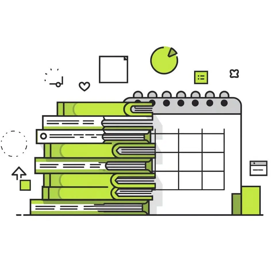 Illustration of stacked content pieces on a calendar grid representing monthly content package scheduling.